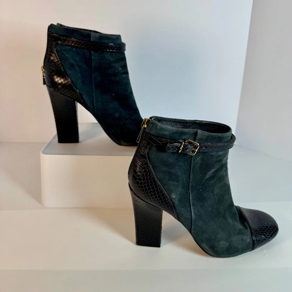 Tory Burch Suede Leather Snake Print Block Heel Ankle Boots 8.5M